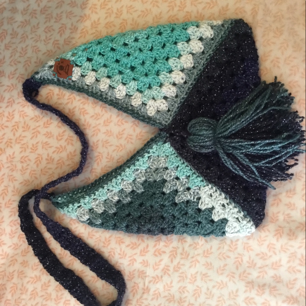 Crochet crossbody BoHo bag. Handmade. Variegated blues with sparkle.